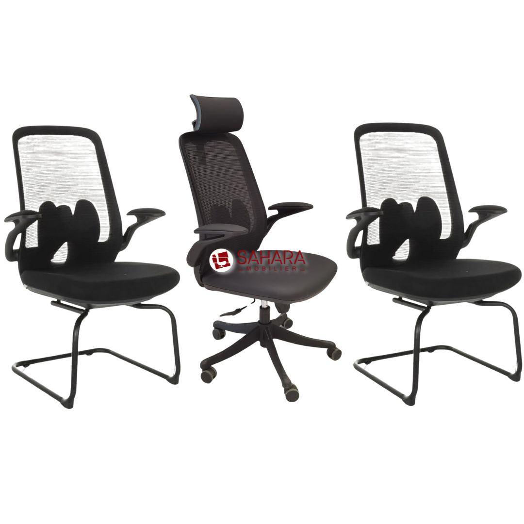 ensemble de fauteuil pour bureau en Mesh noir avec accoudoirs réglables et des piètements en PVC